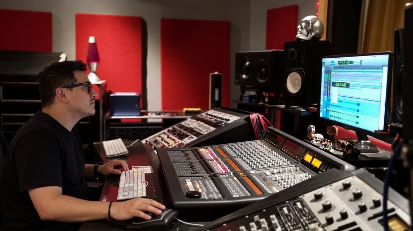 Jorge Torres frente a la consola de mezcla en un estudio de audio