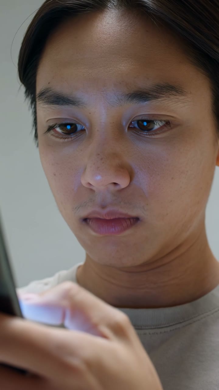 Video vertical creado con IA: primer plano de un joven mirando su teléfono